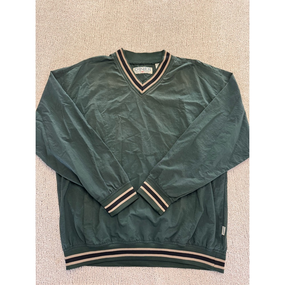 Diner Authentic Tradition Mens Green Nylon V-Neck Windbreaker Pullover Medium